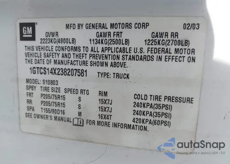 2003 GMC Sonoma Sls z USA, uszkodzony, nr VIN 1GTCS14X238207581